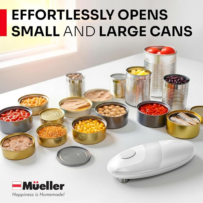 MUELLER HOME SmoothEdge Auto Electric Can Opener, White | Battery-Operated, One-Touch w Magnet Lid Lifter, Smooth-Edge Cut Technology, Portable Hands-Free Automatic