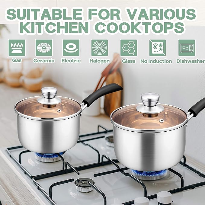 Herogo 3 Quart Saucepan, 18/10 Stainless Steel Sauce Pan Pot with Lid, 3Qt Saucepan for Gas Electric Stove Top Camping, Healthy & Rust Free