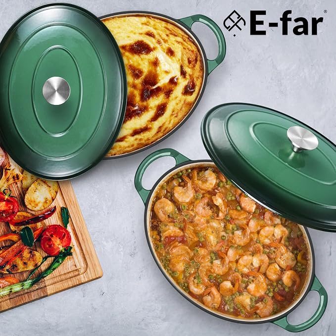 E-far 7QT Oval Dutch Oven Pot with Lid, Enameled Cast Iron Dutch Oven | with Dual Handles for Homemade Sourdough Bread Baking, Nonstick Enamel Coated Cookware, Non-Toxic & Easy Clean, Dark Green