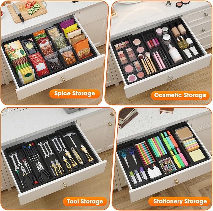 Large Expandable Silverware Drawer Organizer, Utensil Tray | Kitchen Drawer Organizer for Spoons/Forks/Knives, Multipurpose & BPA Free Cutlery Tray(2 Pack, Black)