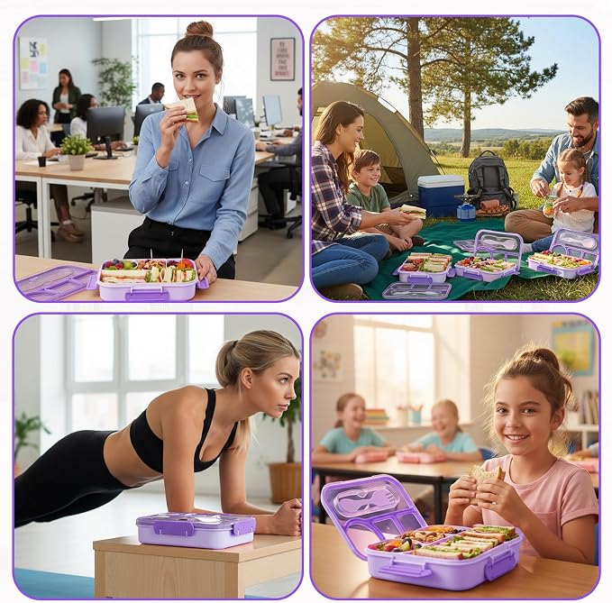 Bento Box for Adults, 4 Compartments Lunch Box, Lunch Containers, Purple