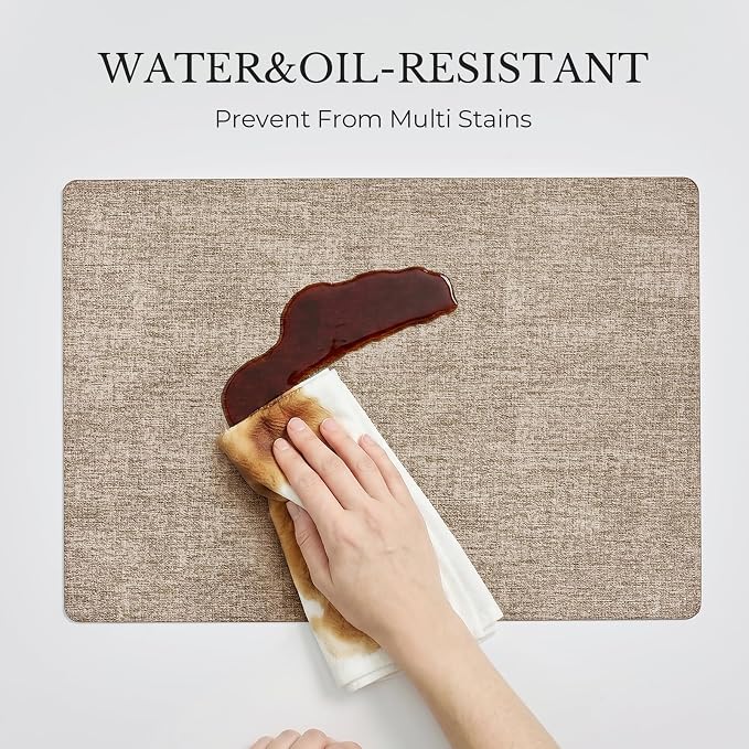 Romanstile Vinyl Placemats Set of 4, Reversible Faux Leather Heat Resistant Wipeable Table Mats, Waterproof Washable Non-Slip Table Placemats for Dining/Kitchen/Party/Outdoor (Grey Khaki, 12" x 17")