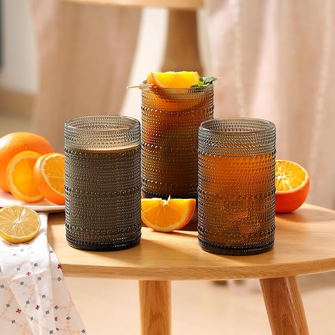 Moretoes 12 Pack 12 Oz Gray Hobnail Drinking Glasses Set,Water Glass Cups | Highball Glasses Embossed Boho Kitchen Bar Tumbler Glassware Set for Whiskey, Beer, Juice, Milk and Various Mixed Drinks