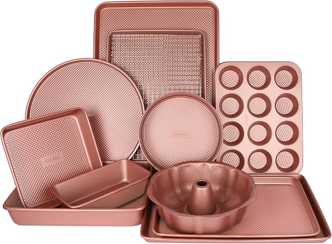 David Burke 17x11 Cookie Sheet with Chrome Cooling Rack – Carbon Steel, PFTE & PFOA Free, Oven Safe, Non-Toxic, Perfect for Baking and Roasting – Rose Gold