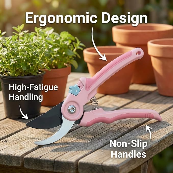 NEXON Pruning Shears 2-Pack — 8" Bypass Hand Pruner & 6.25" Precision Snips, SK5 Steel Blades with Non-Stick Coating, Lightweight Garden Shears for Roses, Flowers & Shrubs, Pink