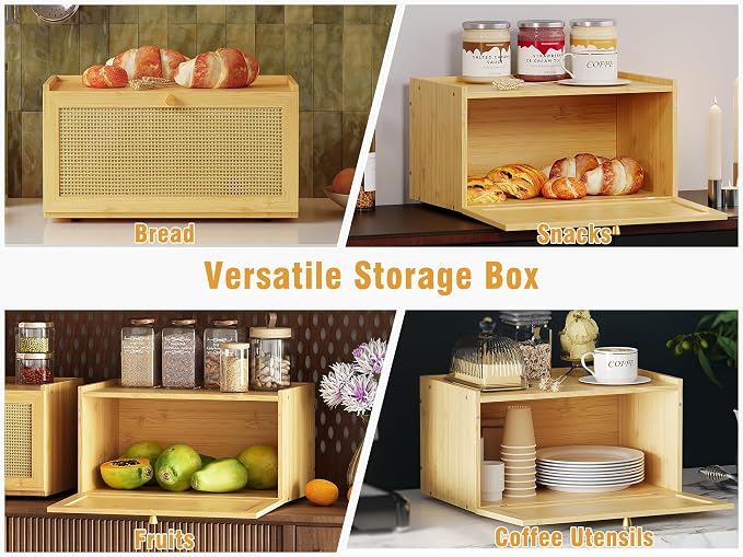 Trironsun Rattan Bamboo Bread Box for Kitchen Counter Large Capacity Bread Storage Bin Farmhouse Bread Storage Container Rustic Bread Holder (Natural Bamboo)