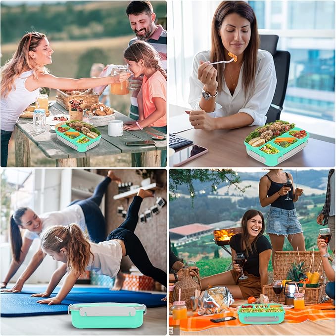 Bento Box for Kids 1300ML with 4 Compartment & Food Picks Cake Cups, Green | Lunch Box Containers for Adults/Kids/Toddler, Leak-Proof, Microwave/Dishwasher/Refrigerator Safe, BPA Free