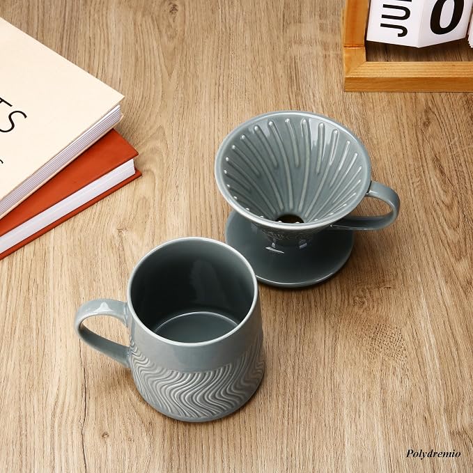 Pour Over Coffee Maker with 100 Sheets of Paper Filter, 15 oz Ceramic Coffee Mug & Coffee Dripper, 1 Cup-Single brew coffee set, Grey