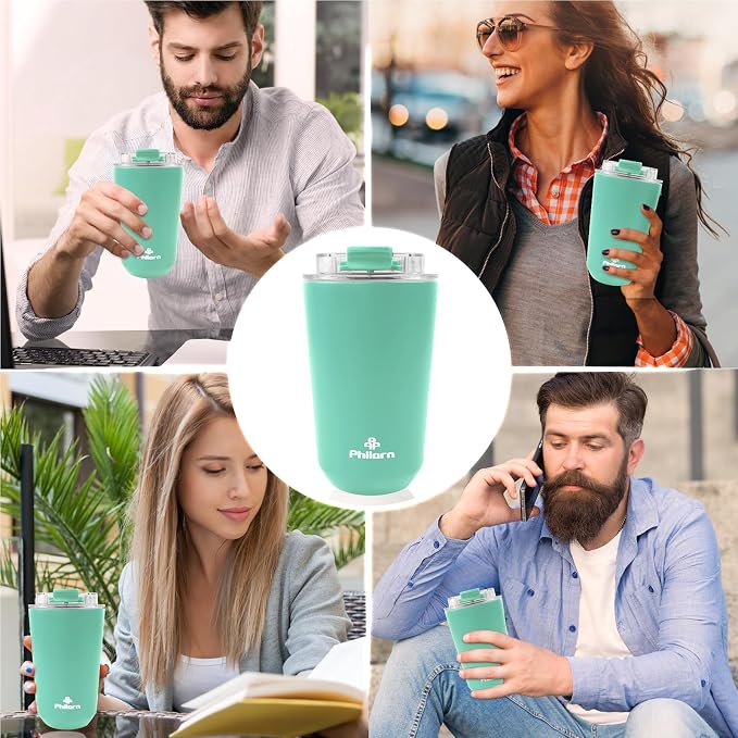 PHILORN Coffee Mug 12 OZ Tumbler, Green Travel Coffee Mug with Lid | Coffee Thermos for Hot & Cold Drinks, Insulated Stainless Steel Travel Coffee Cup with Double Wall