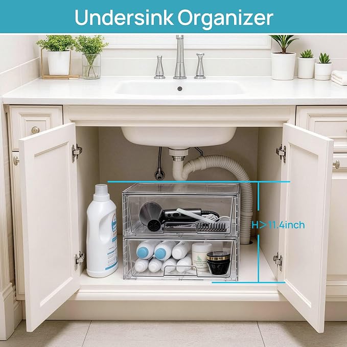 Vtopmart 6 Pack Large Clear Stackable Storage Drawers for Closet, Pantry | Easily Assemble Bathroom Closet Undersink Organizers,Plastic Bins for Cabinet,Kitchen Pantry,Medicine Organization