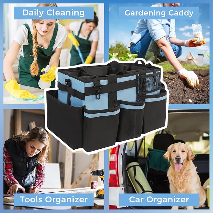 SCAVATA Wearable Cleaning Caddy, Cleaning Caddy Supplies Organizer with Handle & Shoulder Straps for Housekeepers, Under Sink & Car Cleaning Tool Organizers Bag with 4 Foldable Divider (Blue)