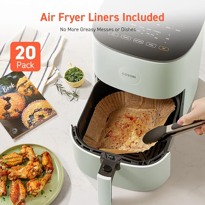 Cosori Air Fryer Pro LE 5 Qt with 20PCS Paper Liners, 9 Functions, Green | 9-in-1, Air Fry, Roast, Bake, Dehydrate, Broil, Frozen, Reheat, Max 450°F, Shake Reminder, Ceramic coating, dishwasher-safe
