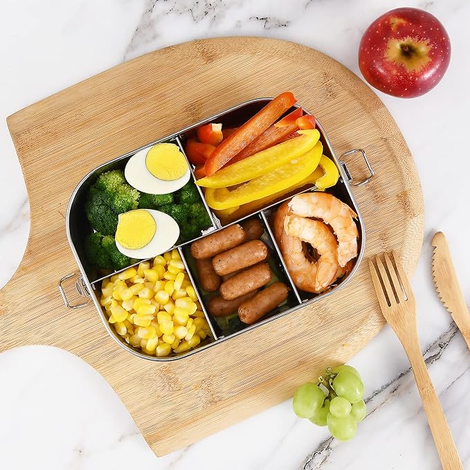 UPTRUST Stainless Steel Bento Lunch Box for Kids, 5-Compartment 1400ML | Metal container with leak-proof lockable clips, for kids and adults lunch, meal prep, or travel