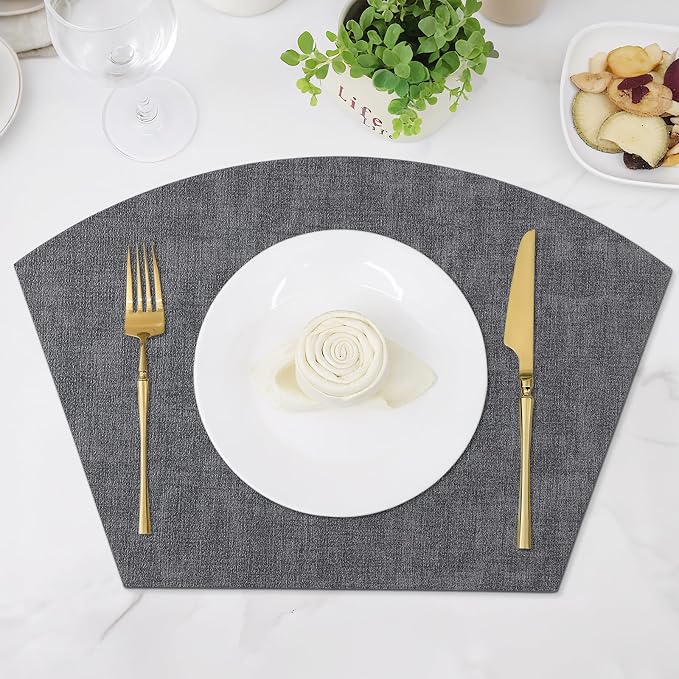 Homaxy Wedge Faux Leather Placemats for Round Table, Set of 4, Dark Grey | Waterproof Wipeable Washable Table Mats, Easy to Clean Anti-Slip Place Mats, 11.8" x 17"