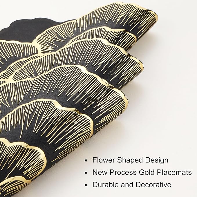Evevda Placemats Set of 6 Gold Flower Placemats for Dining Table | Round Pressed Vinyl Metallic Table Mats 15 Inch for Home Kitchen Wedding Holiday Party Decoration