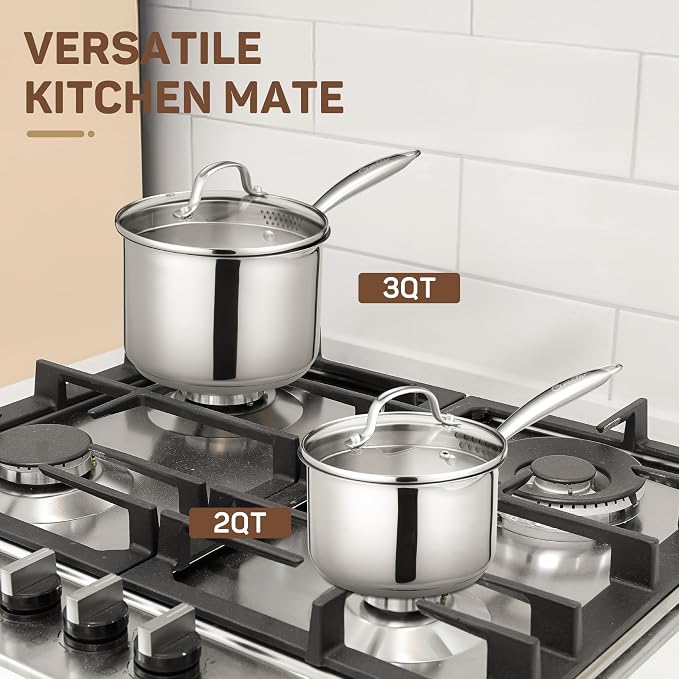 Ciwete 2 Qt Stainless Steel Saucepan with Glass Strainer Lid, 2 Quart Pot Stainless Steel Sauce Pan with Pour Spout, Mirror Polishing, Compatible with All Cooktops Dishwasher Safe Oven Safe