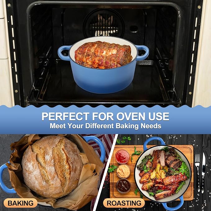 P&P CHEF 5QT Enameled Dutch Oven, Dutch Oven Pot for Bread Baking, Blue | 5 Quart Enameled Cast Iron Casserole Pot with Lid, for Roasting Braising Stewing Frying Simmering, Work on Various Stoves
