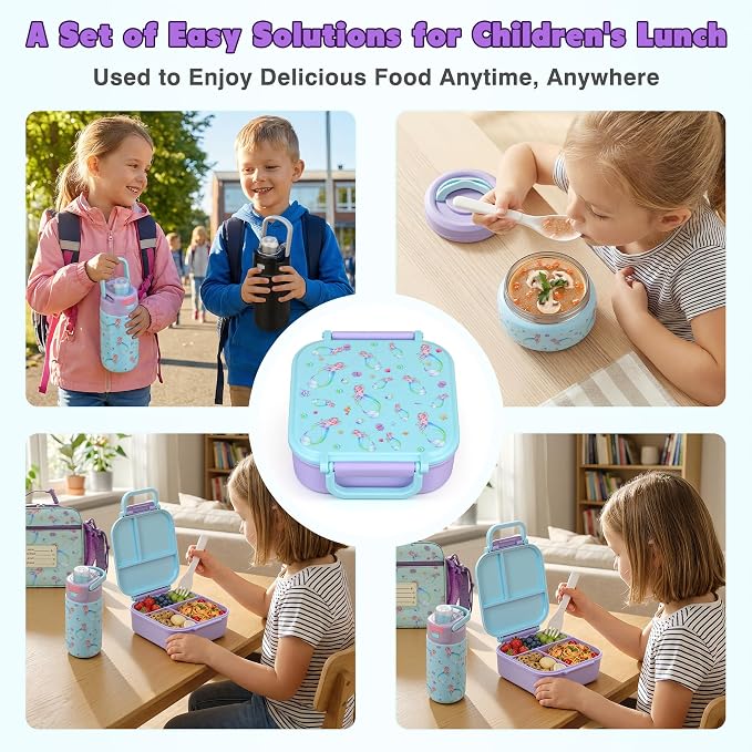 Bento Lunch Box for Kids with 7oz Soup Thermo,Insulated Stainless Steel Kids Water Bottle with Straw and Insulated Lunch Bag,Leak-Proof Lunch Food Container with Ice Pack for School(Purple-Mermaid)