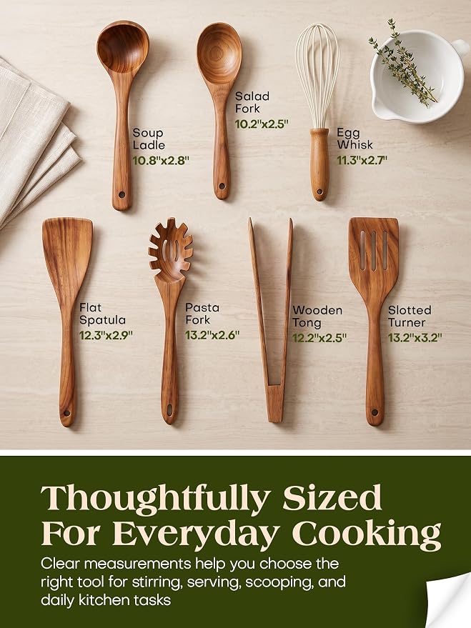 Nonstick Wooden Utensil Set for Cooking, Handmade Smooth Finish Teak Wood Spoons Spatula Turner for Cooking and Kitchen Gifts (7Pcs)