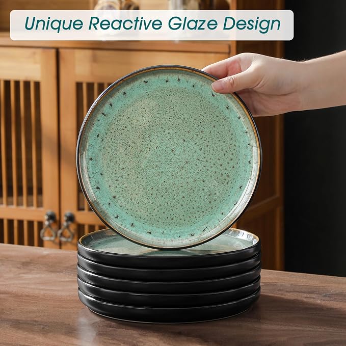 vancasso Plates and Bowls Sets, 24 Pieces Stoneware Dinnerware Sets for 8, Kitchen Dish Set Mircowave and Dishwasher Safe Ceramic Dishware, Turf Green, Series AMBER