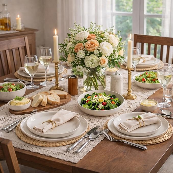 AmorArc Dinnerware Sets for 8, 24 Pieces Ceramic Plates and Bowls Set | Scratch Resistant Stoneware Dishes Set, Dishwasher & Microwave Safe, Light Beige