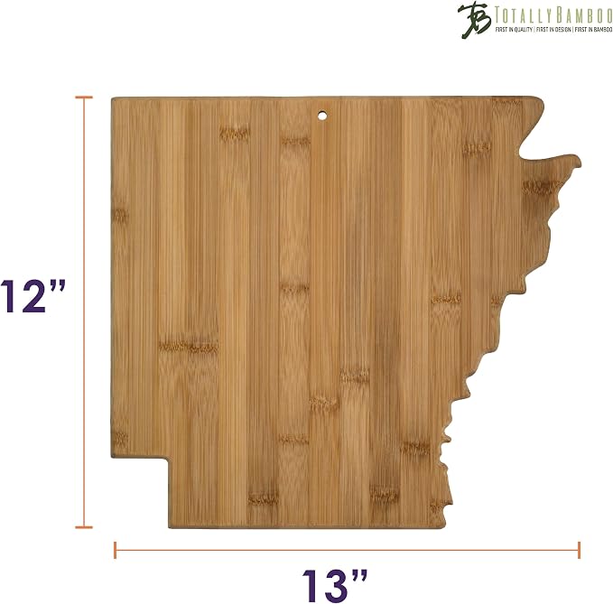 Totally Bamboo Arkansas State Shaped Serving and Cutting Board | State charcuterie board with natural bamboo grain. Knife-friendly surface for food prep. Hang tie for wall display.