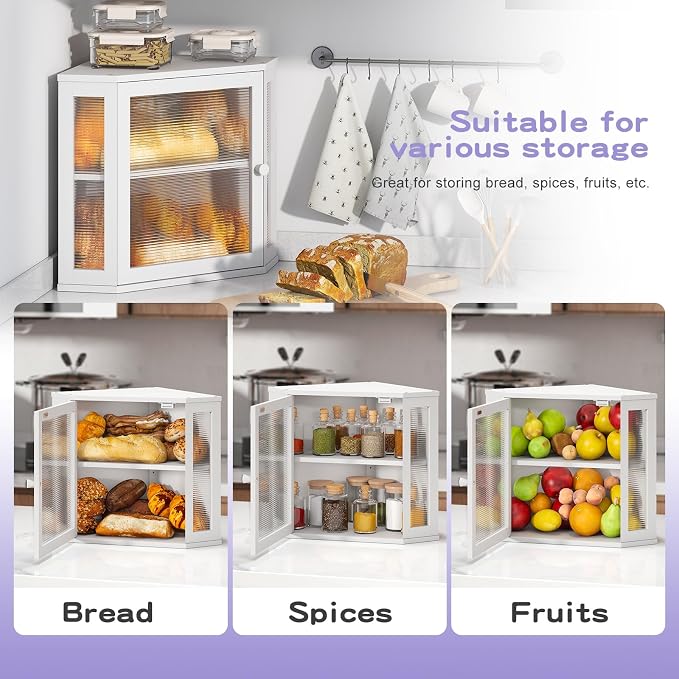 Corner Bread box for Kitchen Countertop,Farmhouse Bread Box with Acrylic Wavy Door Panel,Large Bread box for kitchen countertop,Kitchen Countertop Food Storage Container (White, Meduim)