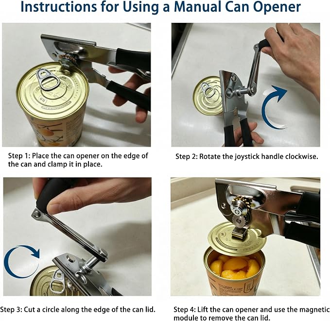 AORRZER® Can Opener Manual with Magnetic Lid Lifter,Can Openers for Seniors | High-Intensity Sharp Steel Blade, Bottle Opener, Comfortable Grip Handle, Kitchen Tools for Home and Commercial (Black)