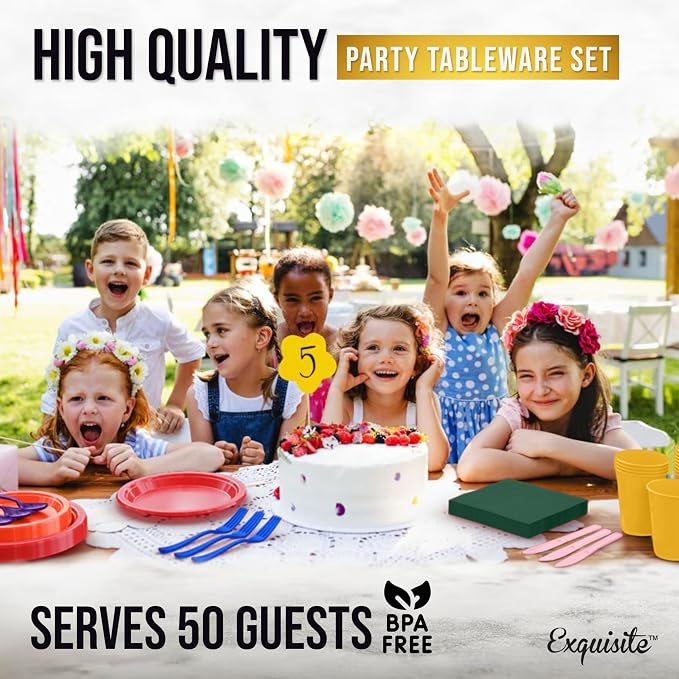 Exquisite 350 Pcs Rainbow Plastic Plates For Party, Rainbow Disposable Plates Set, 50 Of Each 9" Dinner Plate Set, 7" Dessert Plate, Cups, Napkins & Cutlery Plastic Dinnerware
