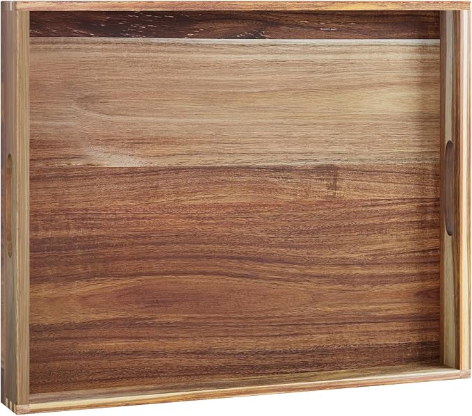 Extra Large Ottoman Tray, 22 x 18 inches Acacia Wood Serving Tray | Rectangle Wooden Decorative Tray with Handles, Oversized Coffee Table Tray, Serving Platter Tray for Living Room, Charcuterie
