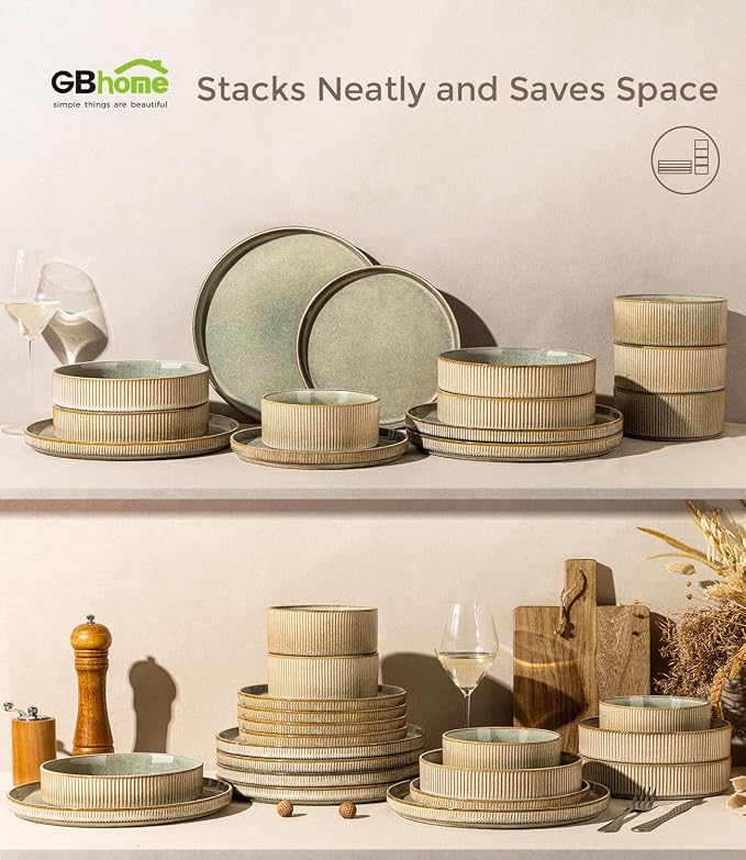 GBHOME Stoneware Dinnerware Sets for 4,12-Piece Plates and Bowls Set | Handmade Reactive Glaze Ceramic Dish Set, Scratch Resistant, Dishwasher&Microwave Safe,Desert Sage
