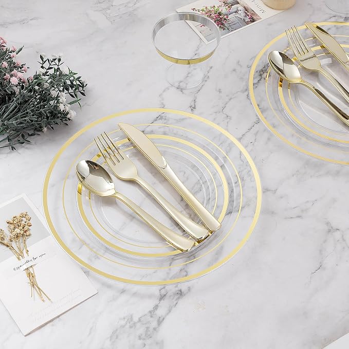 BESTVIP 300PCS Plastic Dinnerware Set, Clear Gold Disposable Plates | for Party, Wedding, Anniversary, Includes: Dinner Plates, Dessert Plates, Cups, Spoons, Forks and Knives(50 Guests)