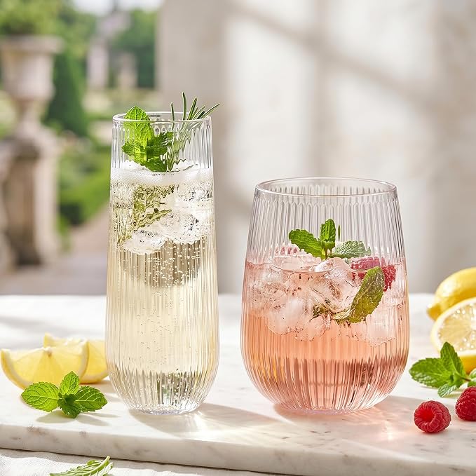 Lueumxc 48 Pack Plastic Wine Glasses Disposable Ribbed Champagne Flutes, 24 Pcs 9 OZ Stemless Champagne Flutes & 24 Pcs 15 OZ Disposable Wine Glasses, BPA-Free