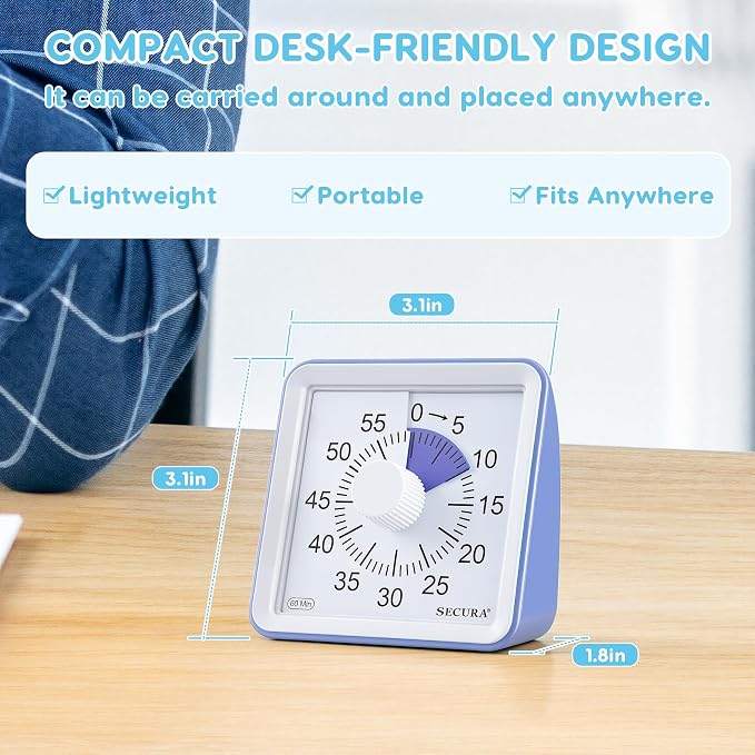 Secura Visual Timer for Kids, 60 Minute Classroom Countdown Timer for Study | Non-Ticking, Adjustable Alarm Volume/Duration, Low Power Reminder, Time Management Tool for ADHD (Purple & Purple)