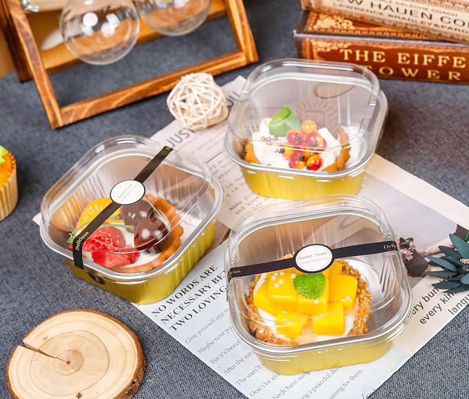 NPLUX Square Aluminum Pans with Lids, 50 Pack Gold for Dessert Displays | Fits bars, pudding, crumble and layered desserts; organized pieces help speed up service lines.