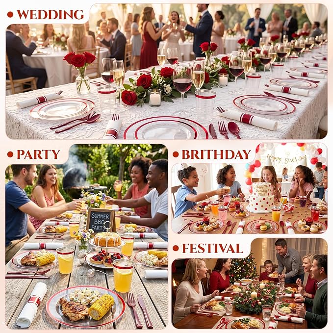 Glowserve 25 Guests 175 PCS Disposable Plastic Plates Clear Dinnerware Sets | 50 Plastic Plates,75 Silverware,25 Plastic Cups,25 Rolled Napkins,for Party Wedding,Red Rimmed Plates