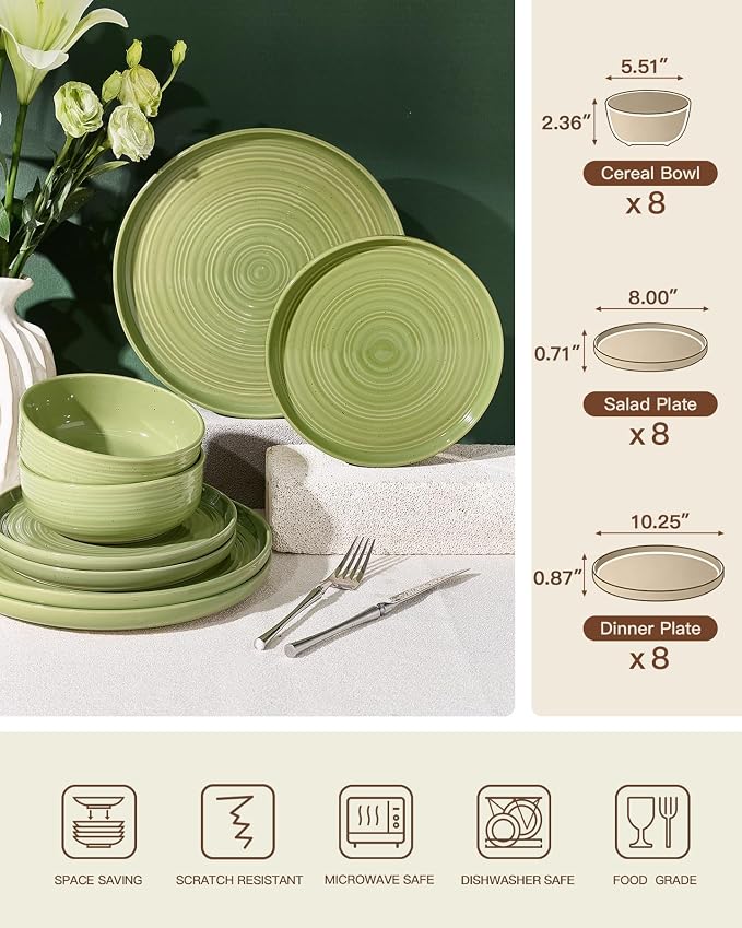 Dinnerware Sest for 8, Ceramic Plates & Bowls, Olive Green | 24-Piece Ceramic Speckled Spiral Dishes, Chip & Scratch Resistant, Microwave & Dishwasher Safe, Everyday Use, Farmhouse Style