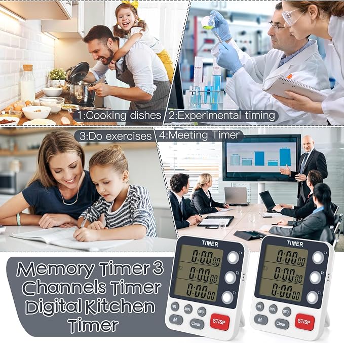 2Pcs Digital Dual Kitchen Timer,3-Channel Magnetic Countdown Stopwatch Timer for Cooking Suitable for Old People,Classrooms,Kitchens, Etc. (Excluding Batteries)