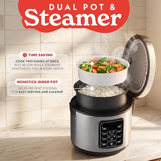 Gourmia Rice Cooker – 5 Qt Capacity, 20 Cup Cooked, 10 Cup Uncooked, Digital Controls, 6 Cooking Presets, Grain Cooker & Steamer, Nonstick Pot, Steam Tray, Delay Timer, Keep Warm, Stainless Steel
