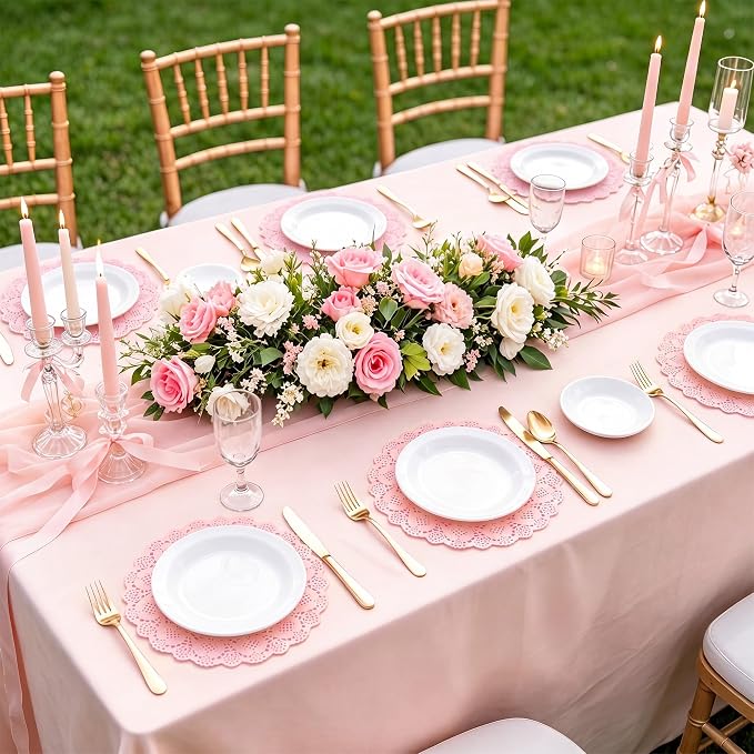 MCEAST 100 Pack Round Pink Paper Doilies 13.5 Inches Lace Paper Place Mats Rustic Scallop Doily Disposable Table Pads for Food Cakes Crafts Party Weddings Tableware Decor