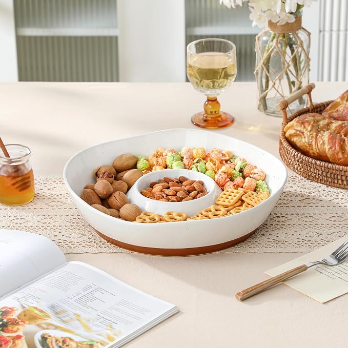 MALACASA Ceramic Chips and Dip Serving Tray, 12 Inch Dip Serving Tray | Free-Form Divided Ceramic Chips and Dip Bowls for Parties, Hosting and Entertaining, White