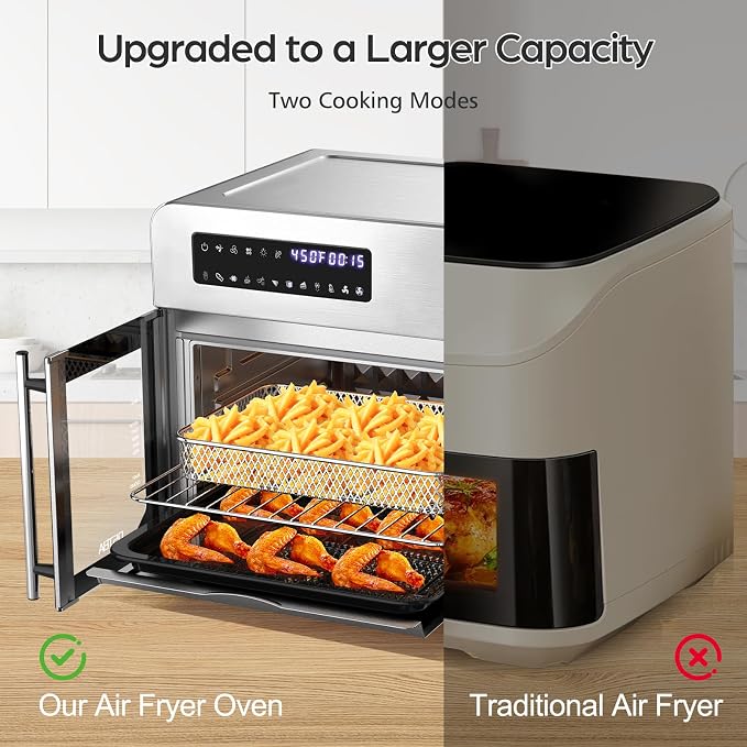 OSTBA French Door Air Fryer Toaster Oven Combo, 24QT 10-in-1 Oven | 1700W Heating, Adjustable Fan Speed, Rotisserie Function, 102-Recipe Book, Removable Crumb Tray, Stainless Steel Finish