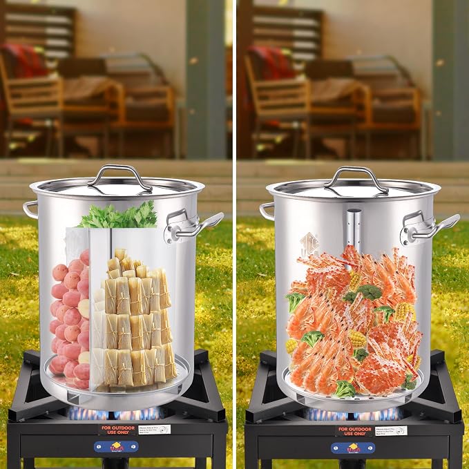 ARC 32QT Stainless Steel Stock pot 6-Piece For Seafood Boil Pot with Basket | Turkey Fryer Pot with Strainer-Steamer Rack-Divider-Lift Hook-Tube-Cookware for Crawfish Crab Shrimp Lobster Boiling, Tamale