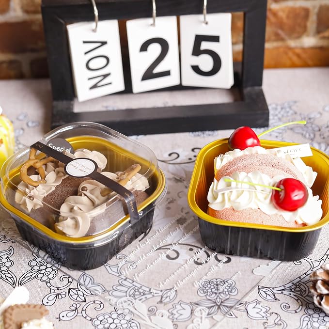 Square Pans with Lids, 60 Pack Black Gold for Dinner Parties | Good for custard, snack cups, fruit toppings and baked samples; simple structure is easy to understand at a glance.