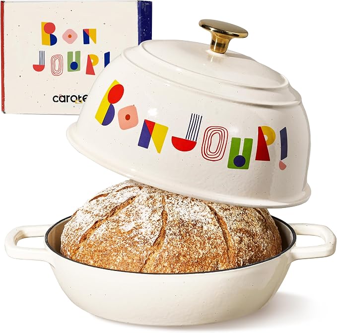 CAROTE Cast Iron Dutch Oven Pot with Lid, 5QT Round Bread Oven, Bonjour | Homemade Sourdough Bread Baking, Healthy & Non-Toxic, Dual Handles, All Stovetop Compatible, Oven Safe up to 500° F