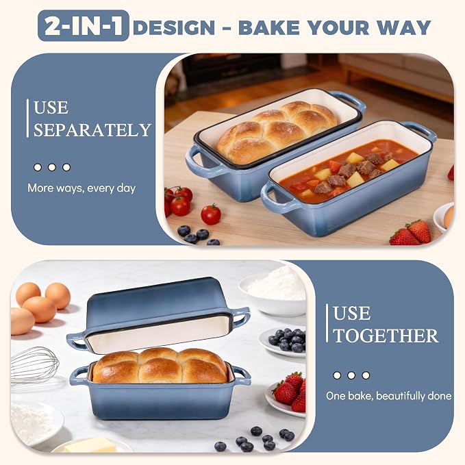 11x5 Inch Cast Iron Loaf Pan with Lid, Sourdough Bread Baking | Large Loaf Pans for Baking Bread, Even Heat Distribution Dutch Oven Bread Pan for Homemade Bread, Meatloaf (5.8Qt, Seasalt)