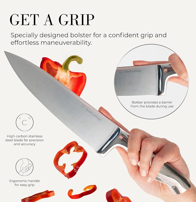 Styled Settings Stainless Steel Knife Set with Built In Sharpener, 14-Piece | Ultra Sharp, High Carbon Stainless Steel Kitchen Knife Set Includes White Knife Block with Sharpener Built In