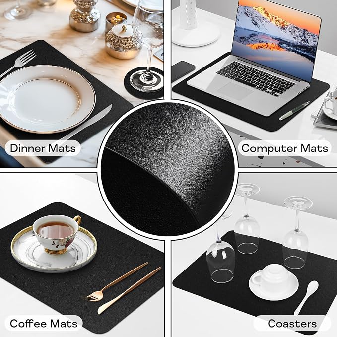 Faux Leather Placemats Set of 6 Waterproof Table Mats with Coaster | 17×12 In Heat Resistant Place Mats Set of 6 Wipebale & Washable Table Placemats for Kitchen Dining Indoor & Outdoor Black