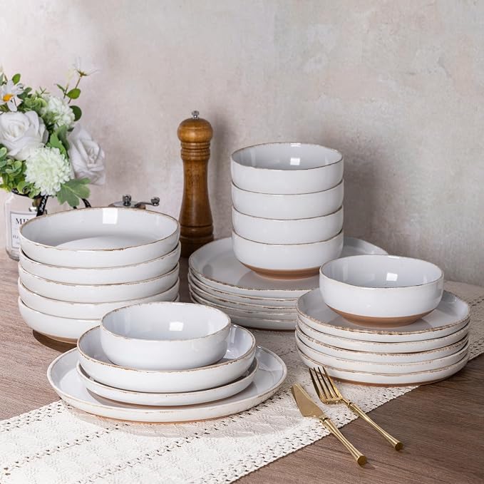 AmorArc Dinnerware Sets for 6, 18 Pieces Ceramic Plates and Bowls Set | Scratch Resistant Stoneware Dishes Set, Dishwasher & Microwave Safe,White