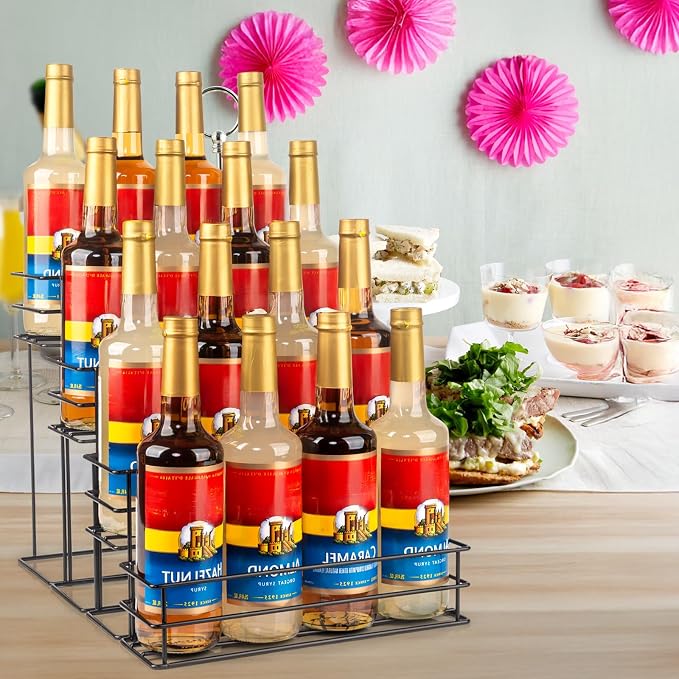 kimilus 16 Bottle Capacity Coffee Syrup Organizer 4 Tier Coffee Syrup Stand Shelf for Coffee Bar Accessories for Coffee Bar Kitchen Small Wine Rack for Bar Family Storage for Syrup Wine Dressing